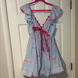 Floral Ruffle Mini Bubble Dress in Blue and Pink